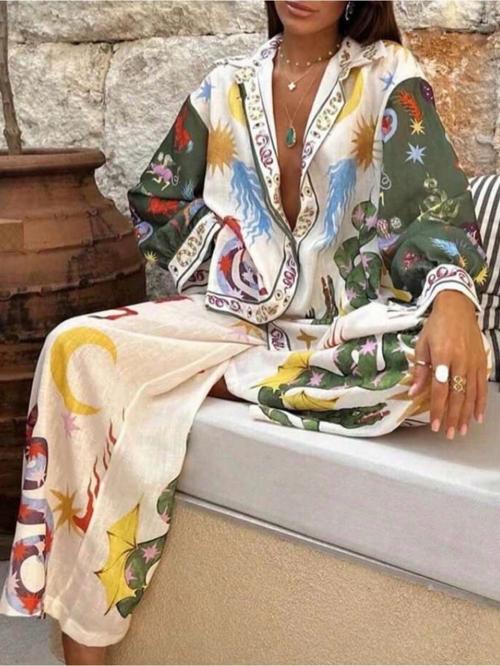 Printed Celestial Women's Pajama Set - White & Green